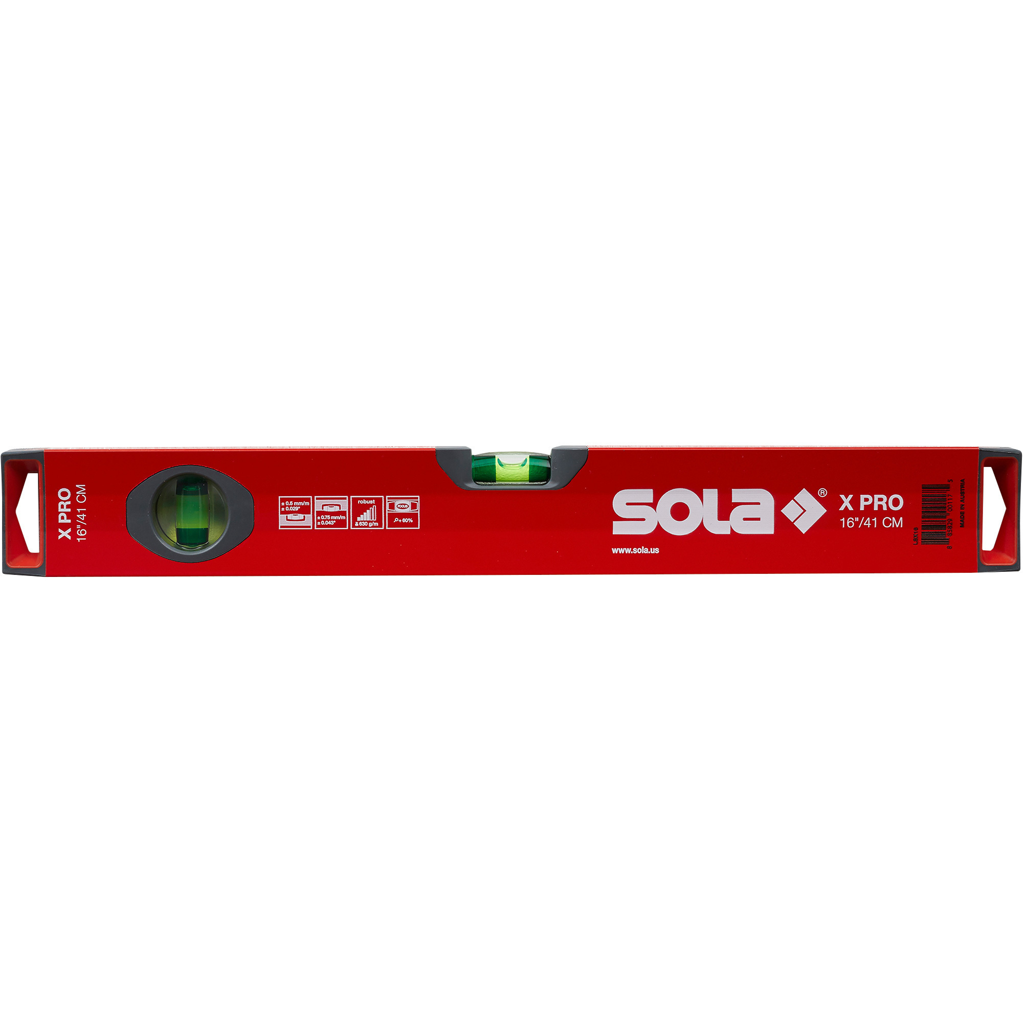 SOLA X-Beam Level - 16in., 2 Vials, High Contrast, Shock-Absorbing End Caps, Model# LSX16